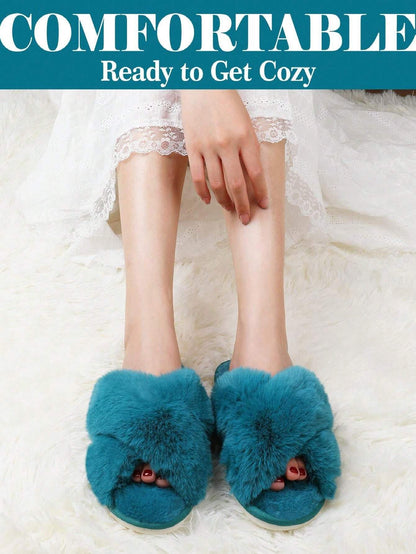 2Pair Womens Fuzzy Fluffy Slippers - Cozy, Soft, Comfy, Relax Fluffy Slippers, Cross Band, Open Toe, Non-Slip Womens Slippers, Indoor and Outdoor Fluffy Slippers, Fuzzy Slippers