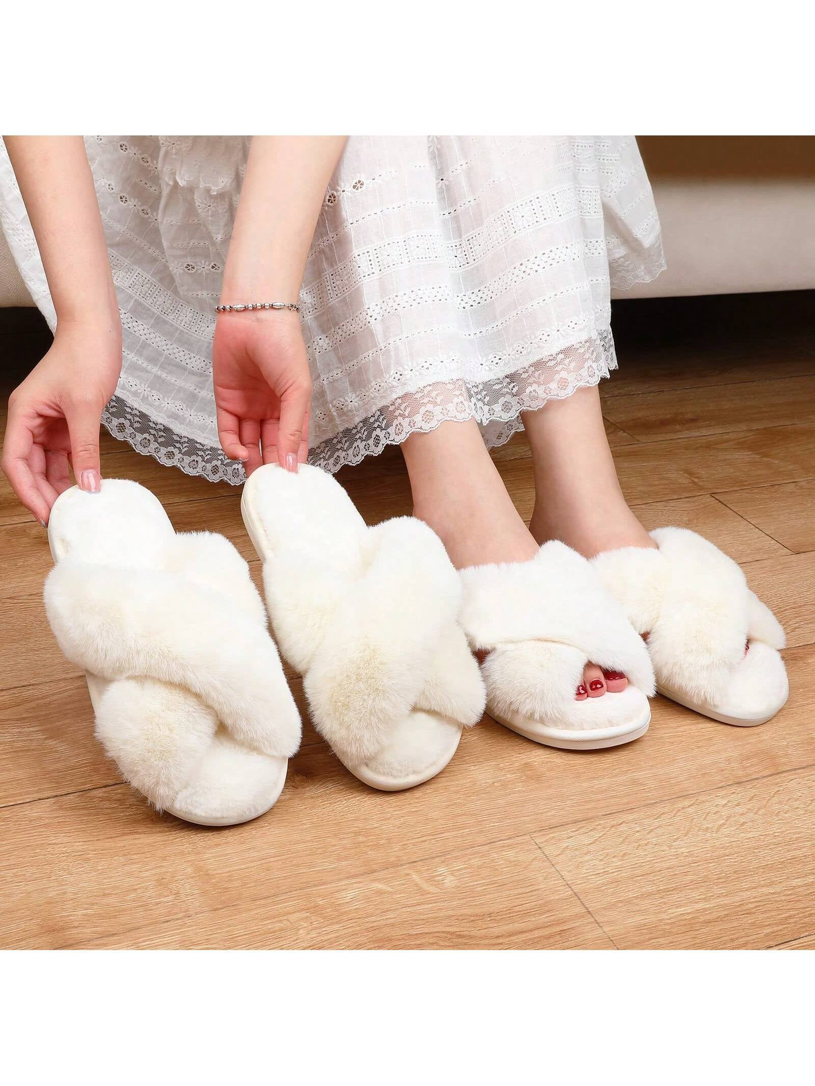 2Pair Womens Fuzzy Fluffy Slippers - Cozy, Soft, Comfy, Relax Fluffy Slippers, Cross Band, Open Toe, Non-Slip Womens Slippers, Indoor and Outdoor Fluffy Slippers, Fuzzy Slippers