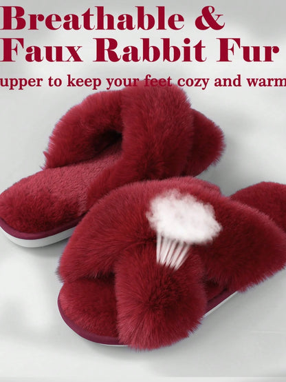 2Pair Womens Fuzzy Fluffy Slippers - Cozy, Soft, Comfy, Relax Fluffy Slippers, Cross Band, Open Toe, Non-Slip Womens Slippers, Indoor and Outdoor Fluffy Slippers, Fuzzy Slippers