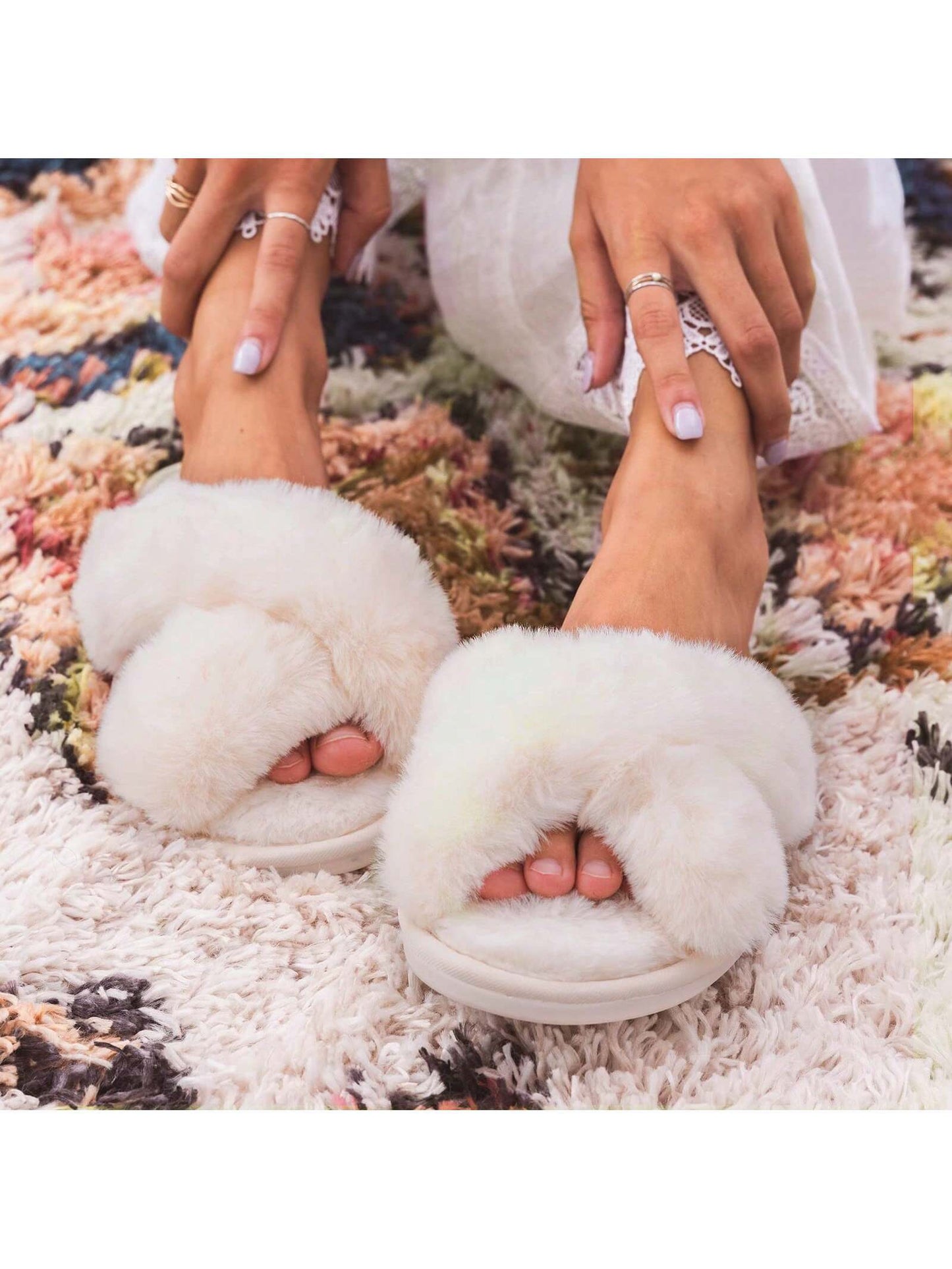 2Pair Womens Fuzzy Fluffy Slippers - Cozy, Soft, Comfy, Relax Fluffy Slippers, Cross Band, Open Toe, Non-Slip Womens Slippers, Indoor and Outdoor Fluffy Slippers, Fuzzy Slippers