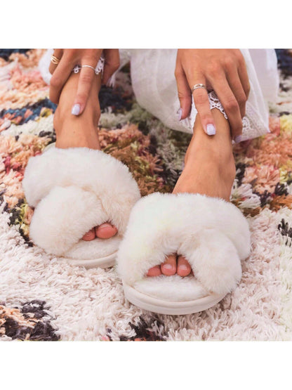 2Pair Womens Fuzzy Fluffy Slippers - Cozy, Soft, Comfy, Relax Fluffy Slippers, Cross Band, Open Toe, Non-Slip Womens Slippers, Indoor and Outdoor Fluffy Slippers, Fuzzy Slippers