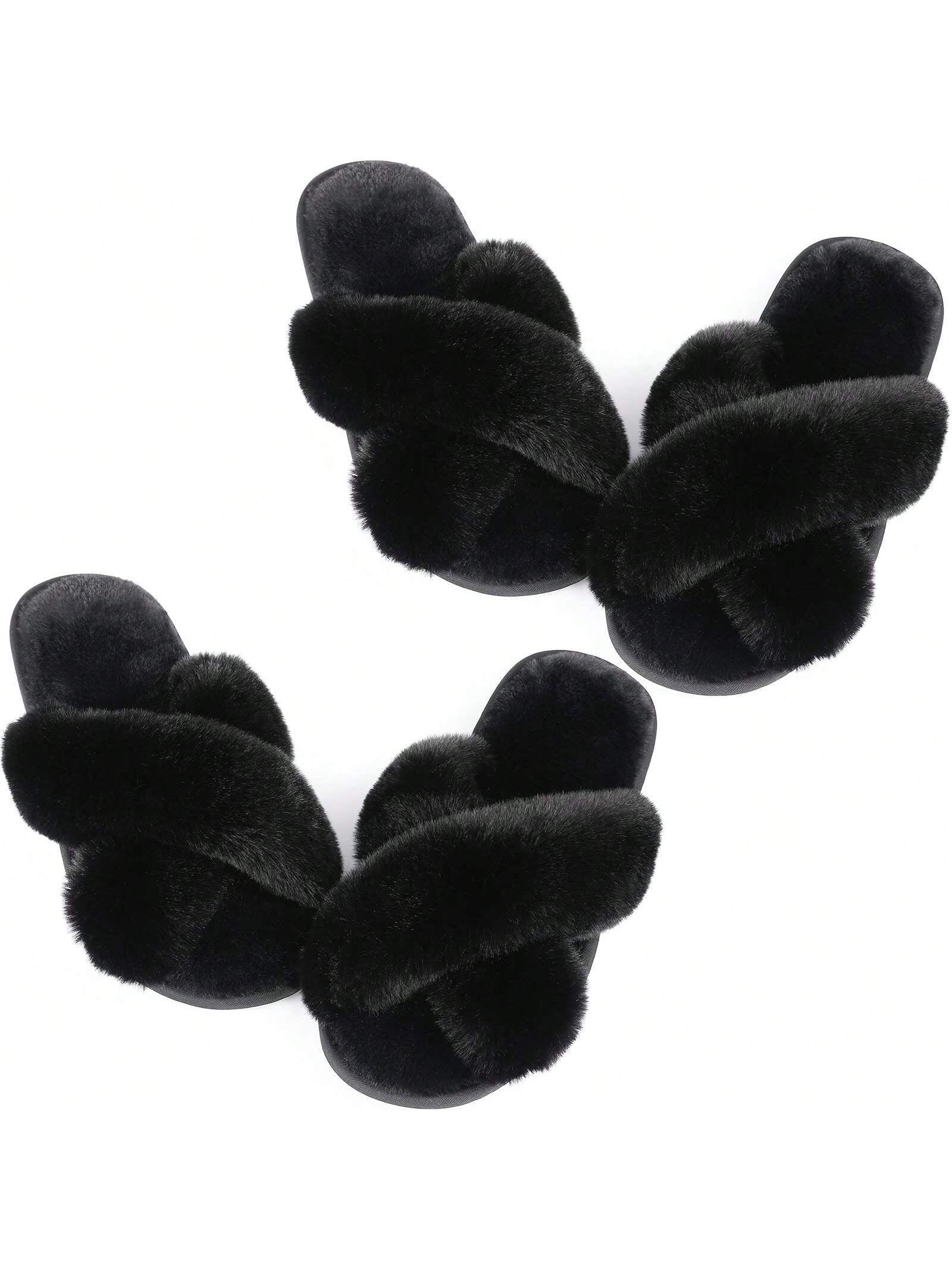 2Pair Womens Fuzzy Fluffy Slippers - Cozy, Soft, Comfy, Relax Fluffy Slippers, Cross Band, Open Toe, Non-Slip Womens Slippers, Indoor and Outdoor Fluffy Slippers, Fuzzy Slippers