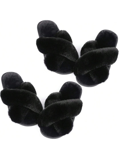 2Pair Womens Fuzzy Fluffy Slippers - Cozy, Soft, Comfy, Relax Fluffy Slippers, Cross Band, Open Toe, Non-Slip Womens Slippers, Indoor and Outdoor Fluffy Slippers, Fuzzy Slippers