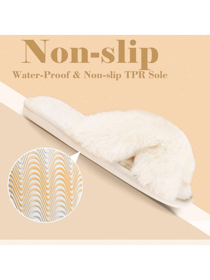2Pair Womens Fuzzy Fluffy Slippers - Cozy, Soft, Comfy, Relax Fluffy Slippers, Cross Band, Open Toe, Non-Slip Womens Slippers, Indoor and Outdoor Fluffy Slippers, Fuzzy Slippers