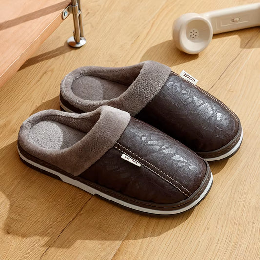PU Leather Big Sizes Men Slippers Indoor Waterproof Fur Flat Men'S Winter Home Slipper Cotton Bedroom Houseshoes