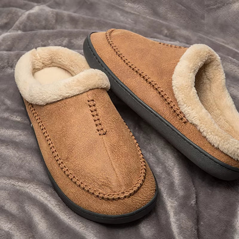 Men'S Slippers Home Winter Indoor Plush Warm Shoes Thick Bottom Plush Waterproof Leather House Slippers Man Suede Cotton Shoes