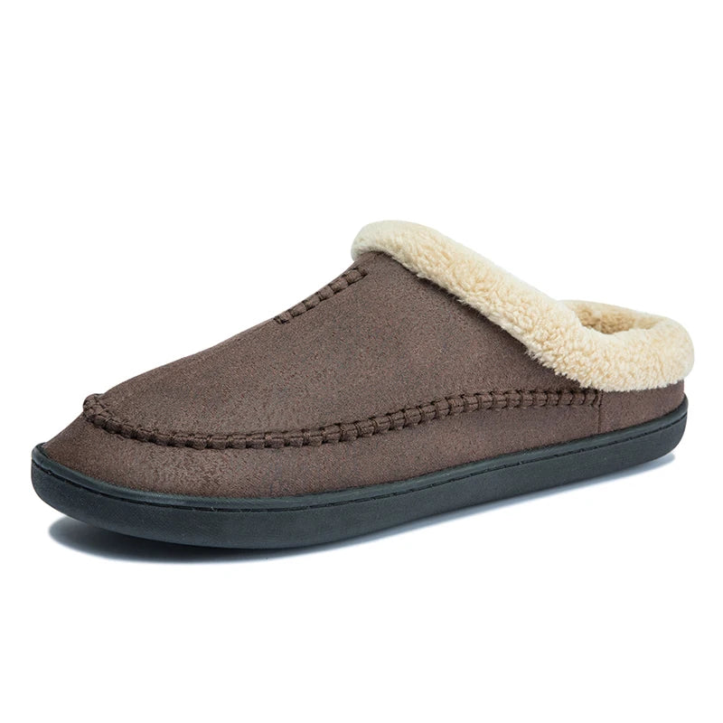 Men'S Slippers Home Winter Indoor Plush Warm Shoes Thick Bottom Plush Waterproof Leather House Slippers Man Suede Cotton Shoes